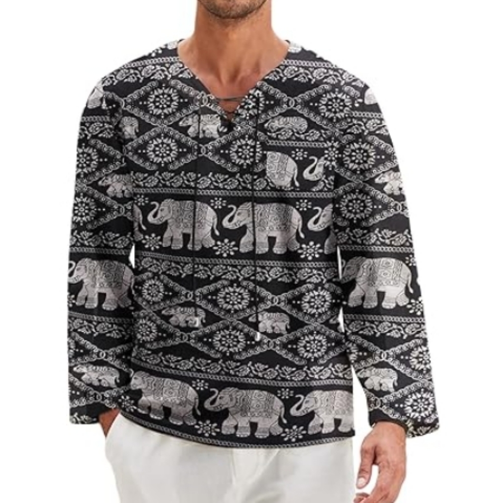 Mens Linen Beach T Shirt Cotton V Neck Yoga Long Sleeve Tunic Elephant